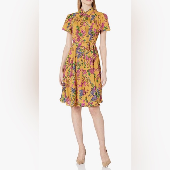 Nanette Lepore Floral Chiffon Button Up Shirtdress w Pintucks & Flutter Sleeves - Picture 9 of 9